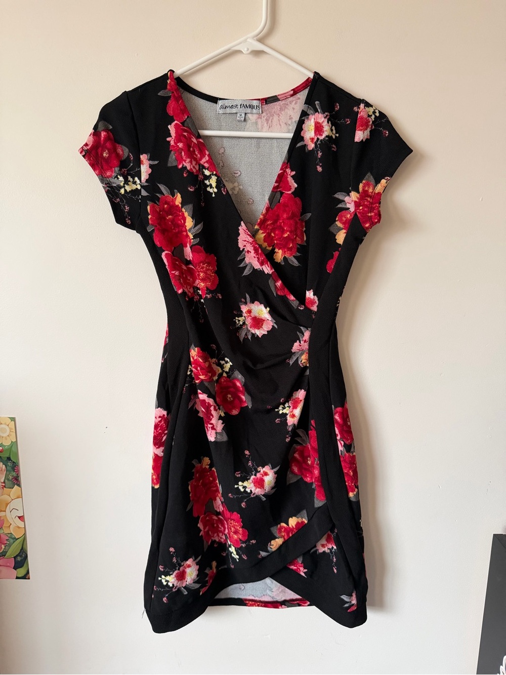 Almost Famous Black Mini Dress with Red & Pink Floral Print